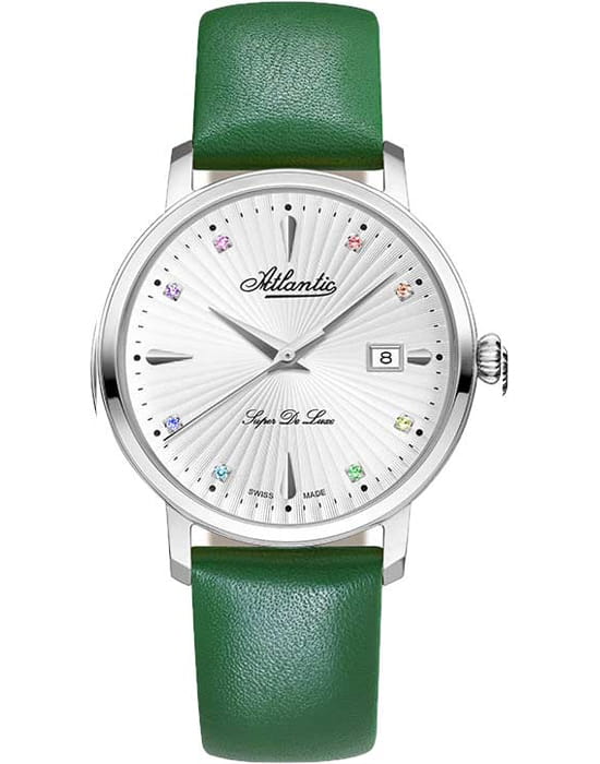 Atlantic Atlantic Super De Luxe Precious Stones Rainbow Edition 29355.41.29LGN  29355.41.29LGN кварцевые женские часы белый циферблат, браслет кожаный — вид спереди